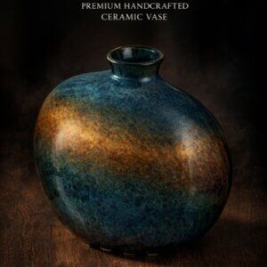 Vintage Chinese Art Pottry Blue Brown Drip Glaze Gourd Vase NEW No Box